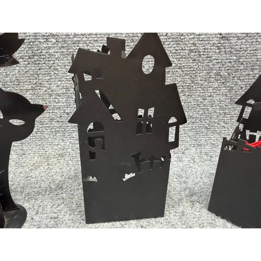 Vintage Halloween Metal Votive Candle Holders Set of 3 Cat House